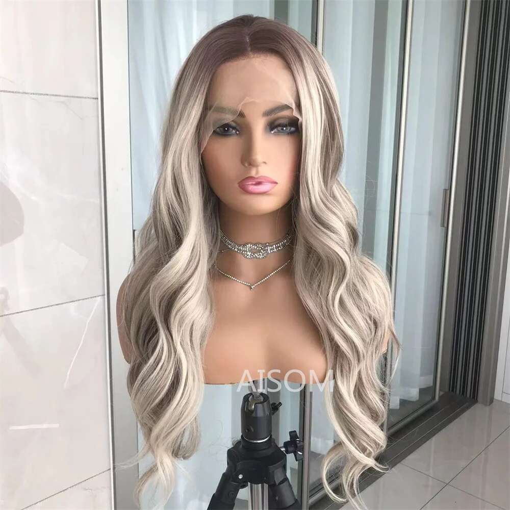 Body Wave Front Highlight Ash Blonde Frontal Wigs Pre Plucked Long Wavy Synthetic Lace Wig for Women
