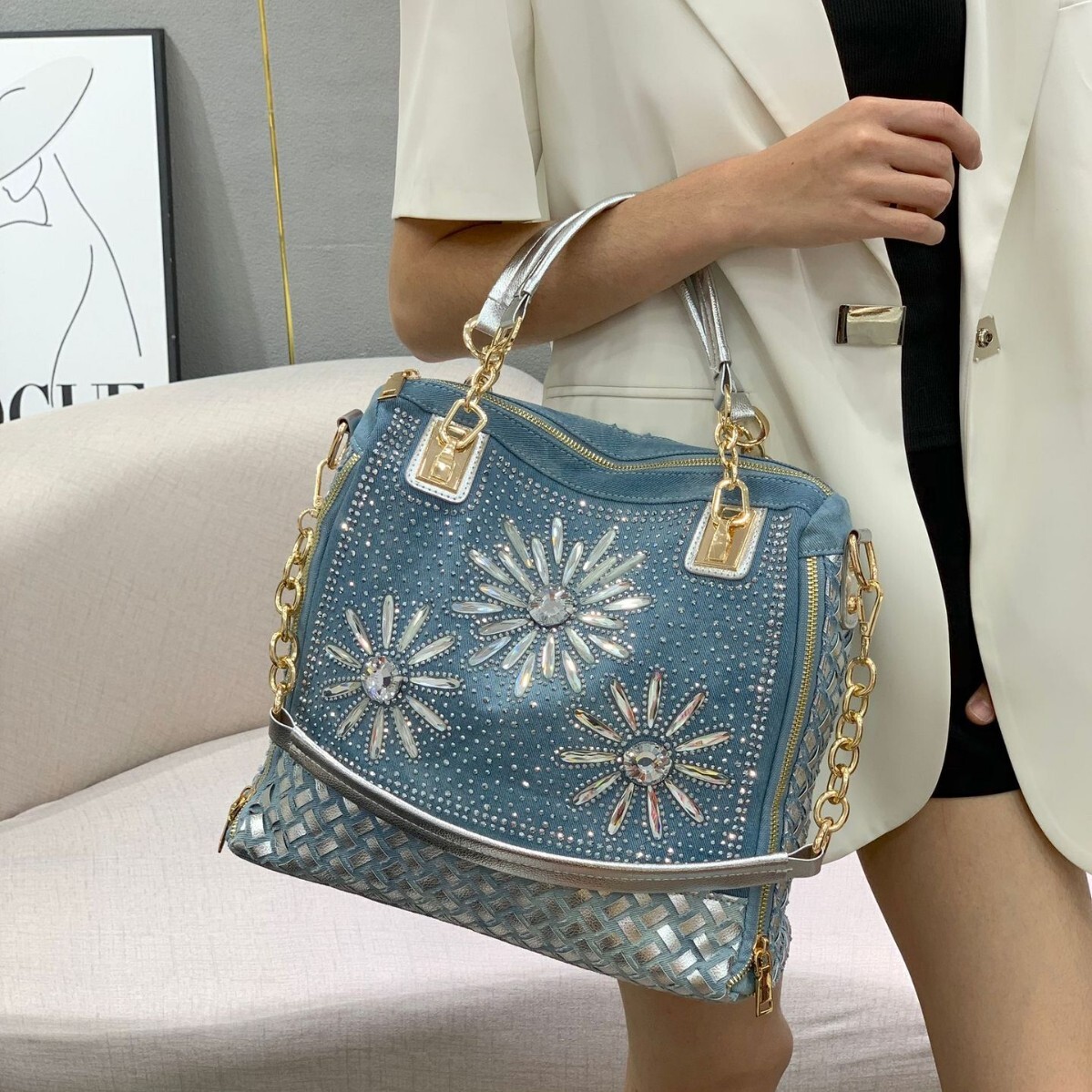 2025S designer new fashionable handbag with diamond inlaid denim woven women versatile shoulder crossbody bag
