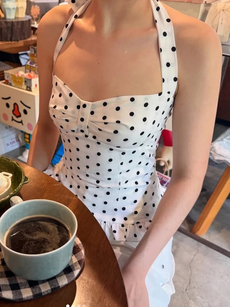 Nibber Polka Dot Print Tops Women Halter LowNeck Bandage Ruffles Backless Sleeveless Skinny Fashion Street Versatile Vest 250515