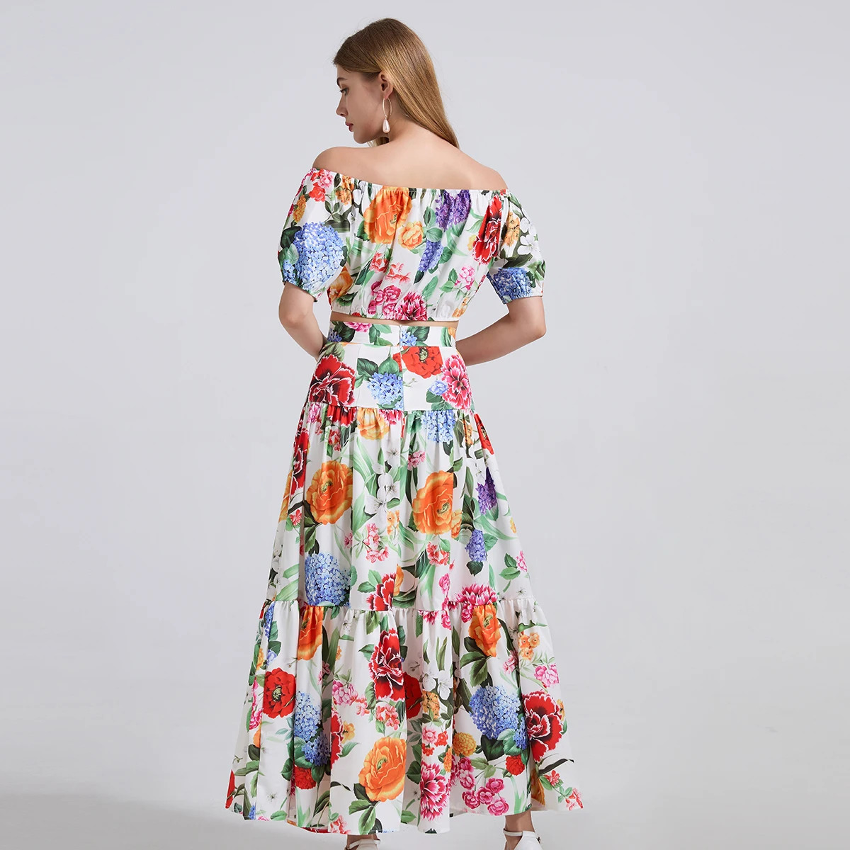 ZJYT Summer Holiday Beach Two Piece Dress Sets Women Runway Fashion Floral Print Slash Neck Top and Long Skirt Suit Outfit 250515