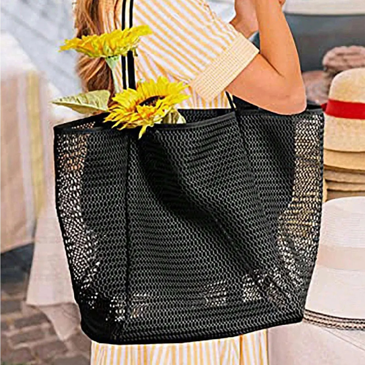 Mesh single shoulder tote bag for women hand-held for washing swimming clothing storage beach bag 250515