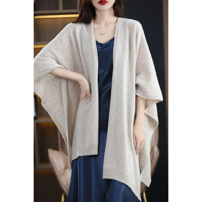 International style oversized shawl for women 100% pure wool cardigan cape loose knitted scarf spring autumn warm windproof cape 250514