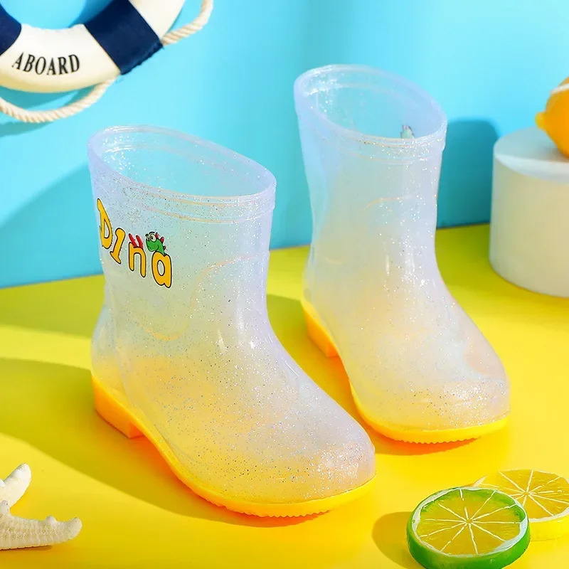 Sequin Transparent Childrens Rain Boots Cartoon Pattern Kids Anti Slip Waterproof Soft Sole Thick Bottom Shoes Rainy Weather 250515