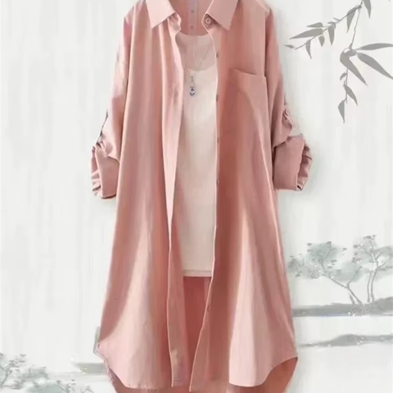 Large size loose and breathable Midi shirt Korean casual autumn womens simple solid long sleeved w250506