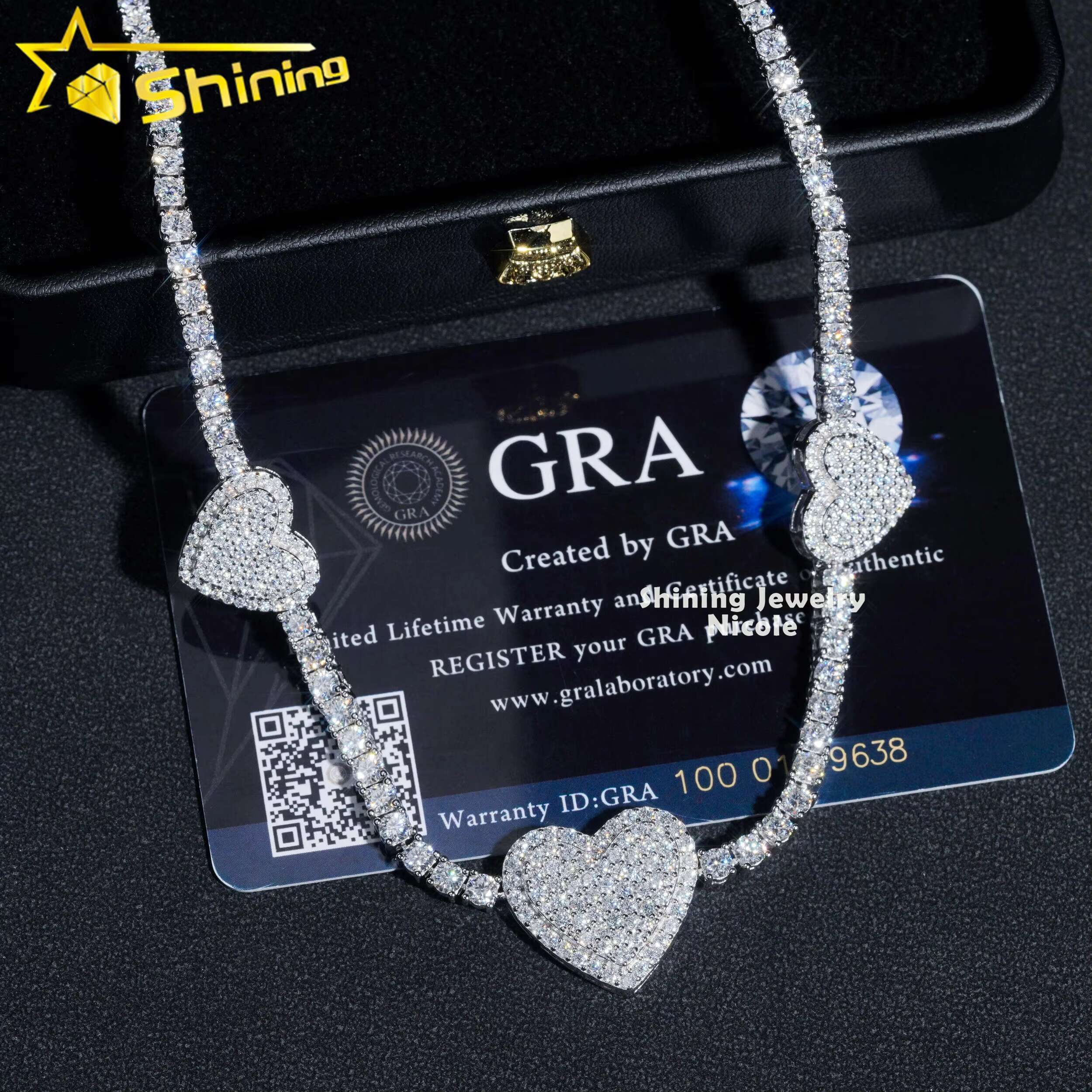 New Design Silver 925 VVS Diamond Moissanite 3MM Iced Out Heart Tennis Chain Necklace