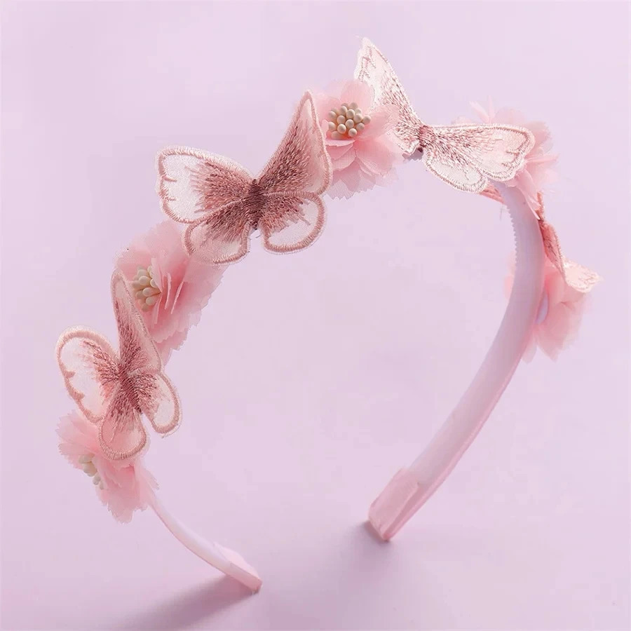 Korean Handmade Butterfly Flower Girls Headbands Cute Pearl Feather Wedding Crown Princess Dance Party Headwear Hoop Accessories 250509