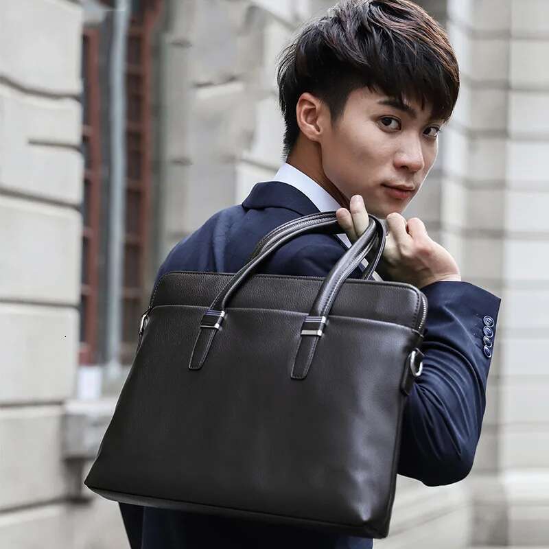 Men's Premium Leather Briefcase - 14" Laptop Business Bag For Office & Travel With Detachable Shoulder Strap