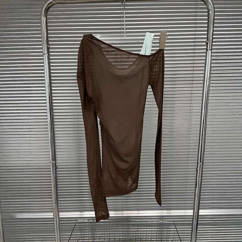 2025 Summer New Slanted Shoulder Mesh Shirt For Women Slim Fit Splicing Fake Two-Piece Long Sleeved Tops Female 11A04431