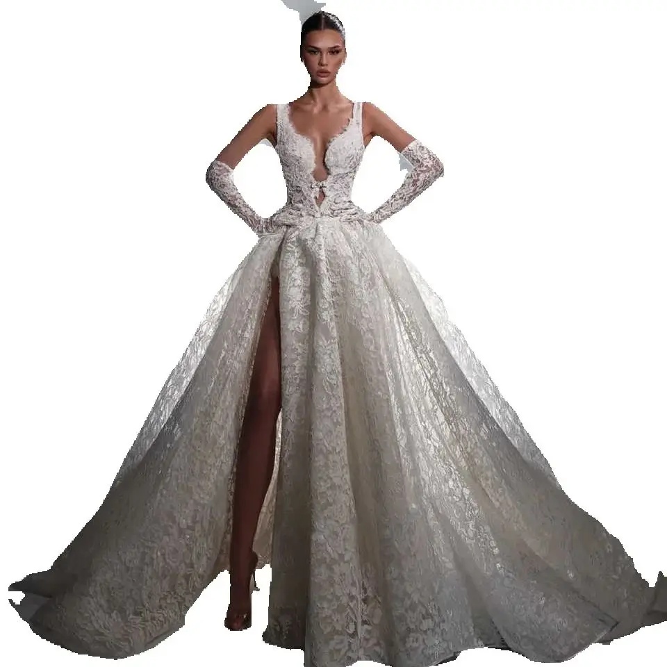 Illusion Lace Prom Dress With Detachable Train Customized V Neck Party Gowns Side Slit Formal Evening Dresses