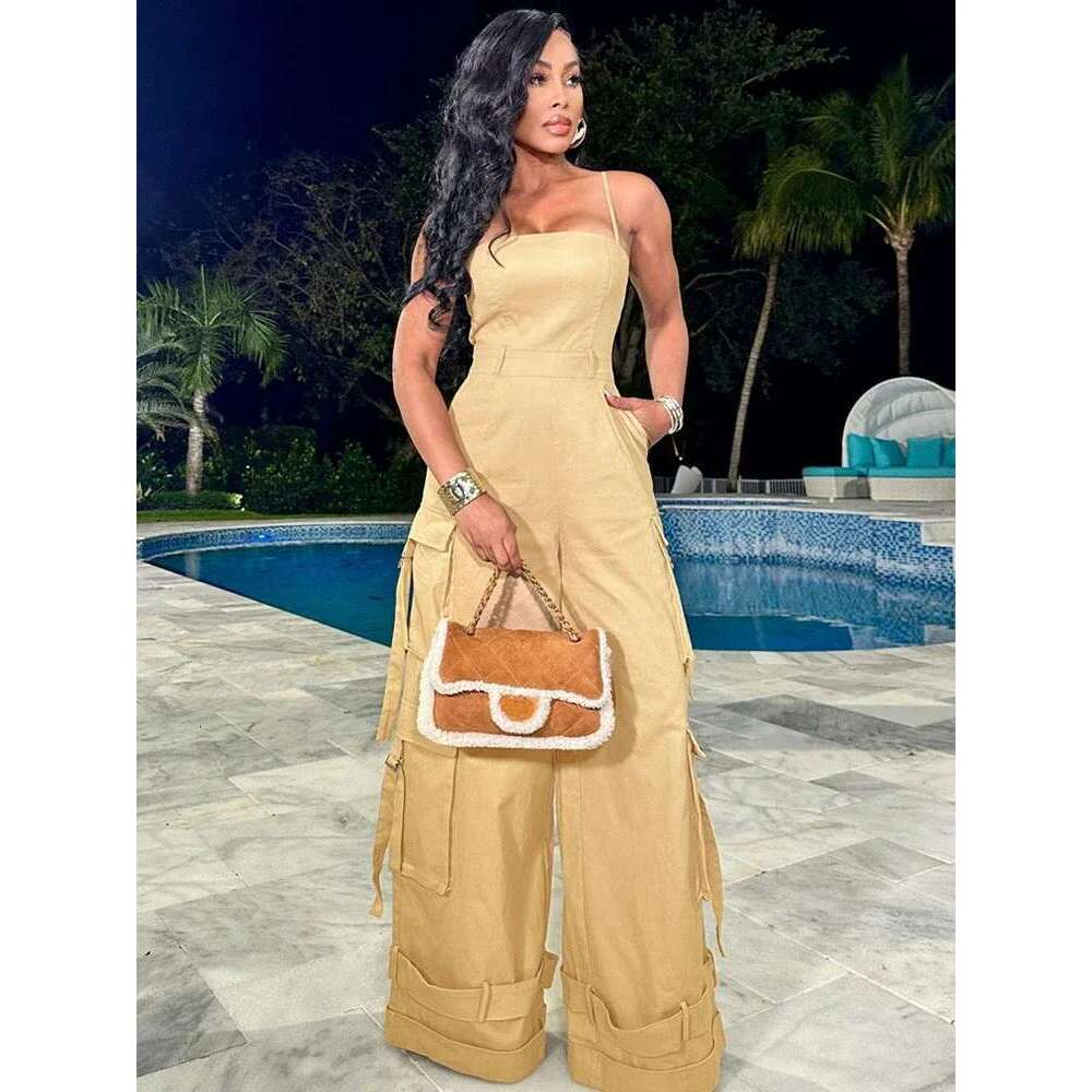 Sexy Spaghetti Strap Cargo Jumpsuit Women Summer Sleeveless Strapless Wide Leg Pants With Pockets One Pieces Romper Overall