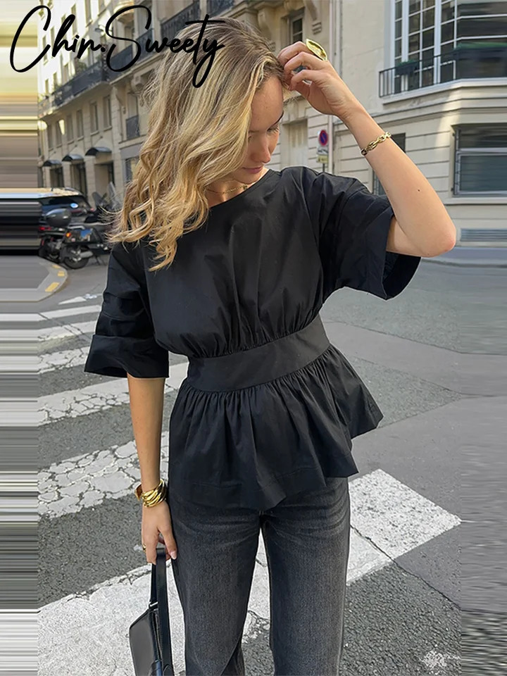Casual Womens Bowknot Shirt Solid ONeck Backless Short Sleeve WaistClosed Blouse Female Spring Summer Lady Top 250515