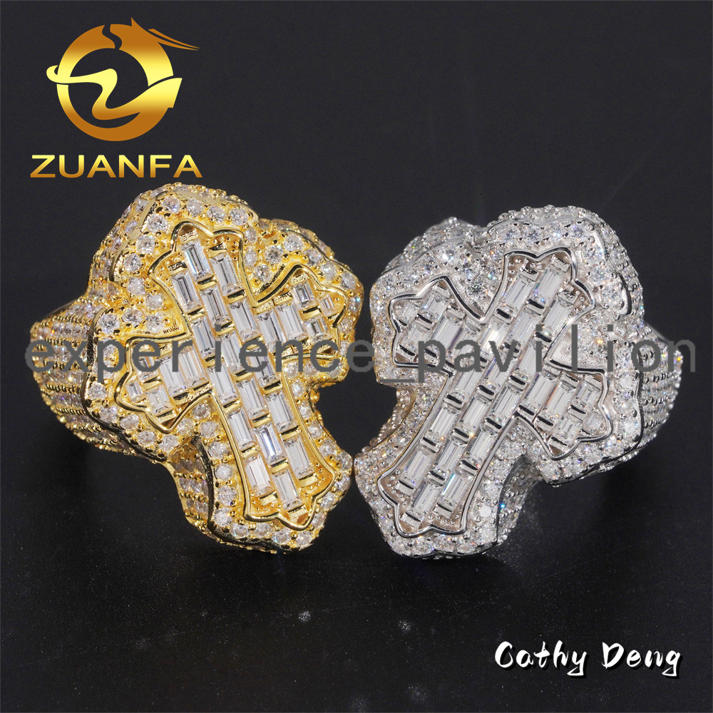 Hot Sale Instock Iced Out Cross Moissanite Diamond Rings 925 Sterling Silver Hip Hop Ring Pass Diamond Tester Men Cuban Ring