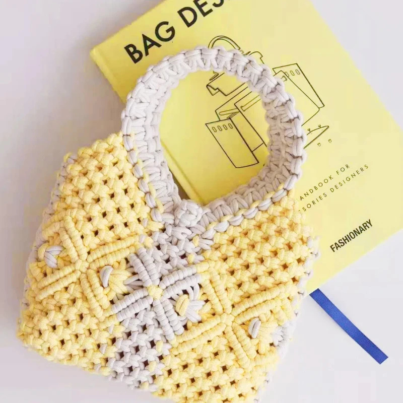 Cotton Rope Woven Bag for Womens Handheld Cute Womens Bag with Cute Hollow Mesh Pocket for Beach Vacation Womens Bag 250515