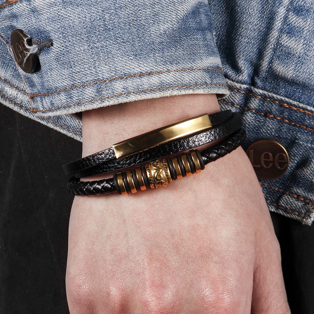 Men's Stainless Steel Vintage Leather Braided Bracelet with Magnetic Clasp, Multi-layered Design for Stylish Accessories - Wholesale