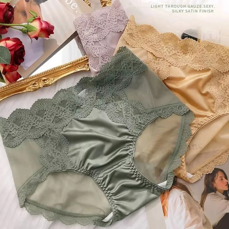 Ice Satin Silk Lift Hip Mesh Lace Sexy Panties Underwear Lingerie French Romantic For Women Gather Belly Floral Briefs Lace Panties Summer Thin Girls 