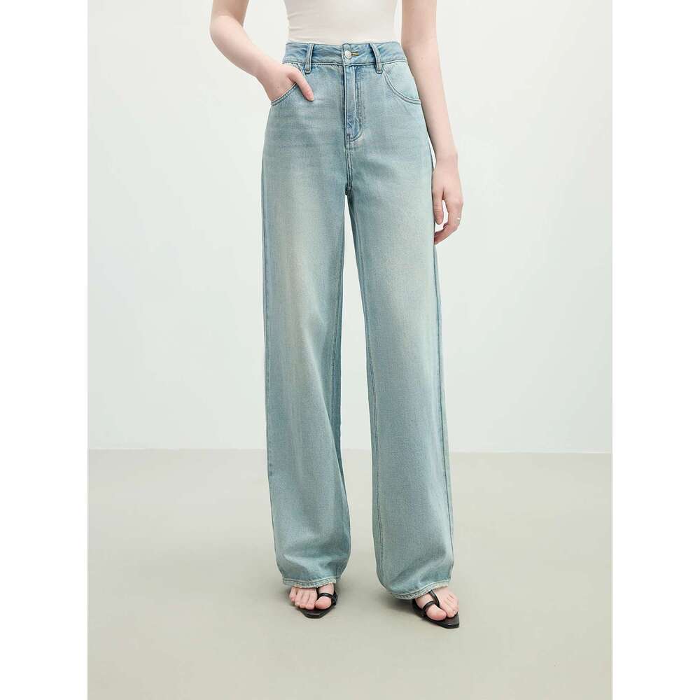 FSLE Washed Distressed High Waist Straight Jeans For Women 2025 Summer New Fit Versatile Casual Slim Chic Pants 25Fs12292 Designer