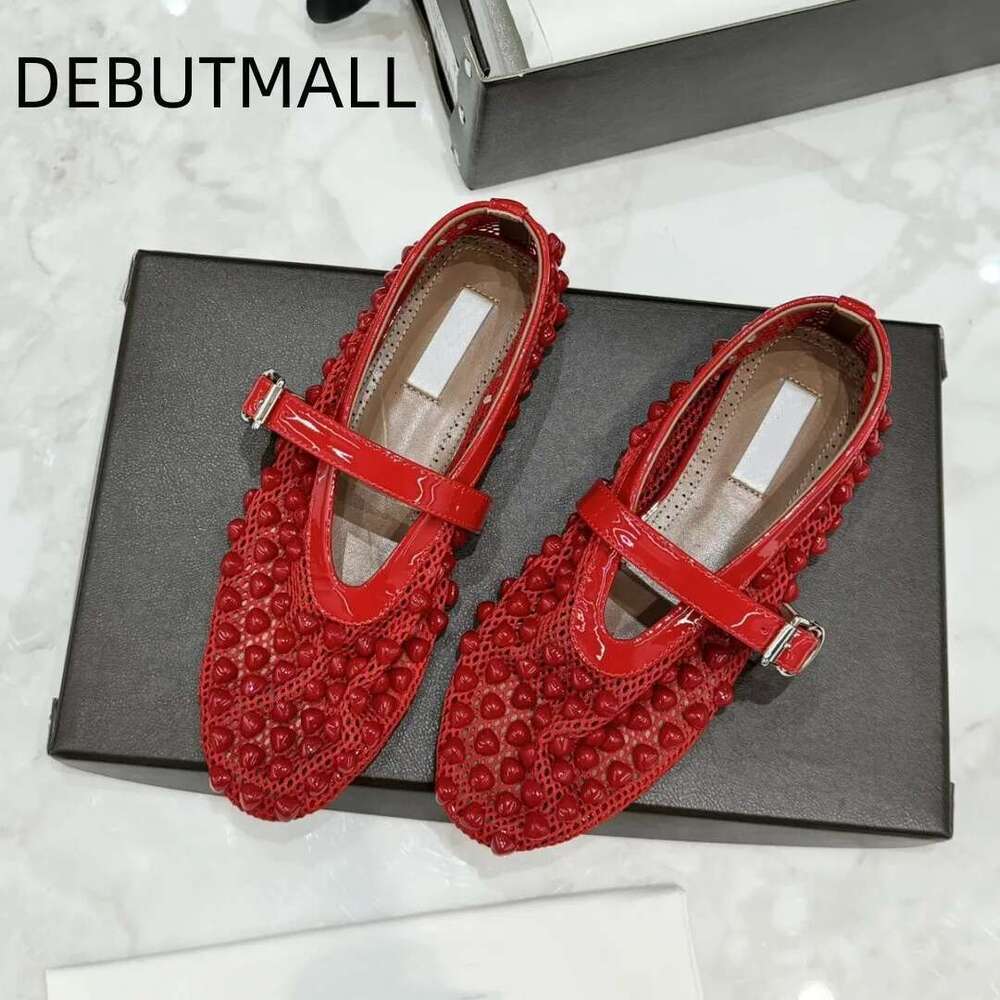 New patent leather patchwork mesh heart-shaped flat bottom straight strap Mary Jane single shoe ballet shoes