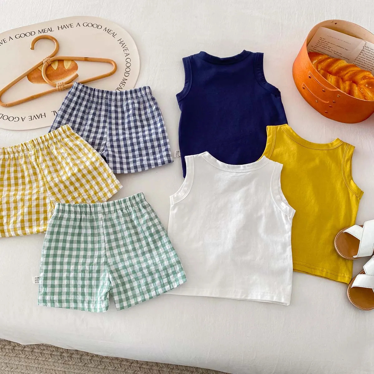 Korean Fashion Kids Clothes Baby Boy Girl Summer Cartoon Bear Print Sleeveless Tops Shorts Unisex Two Piece Set 1-5yrs 250515