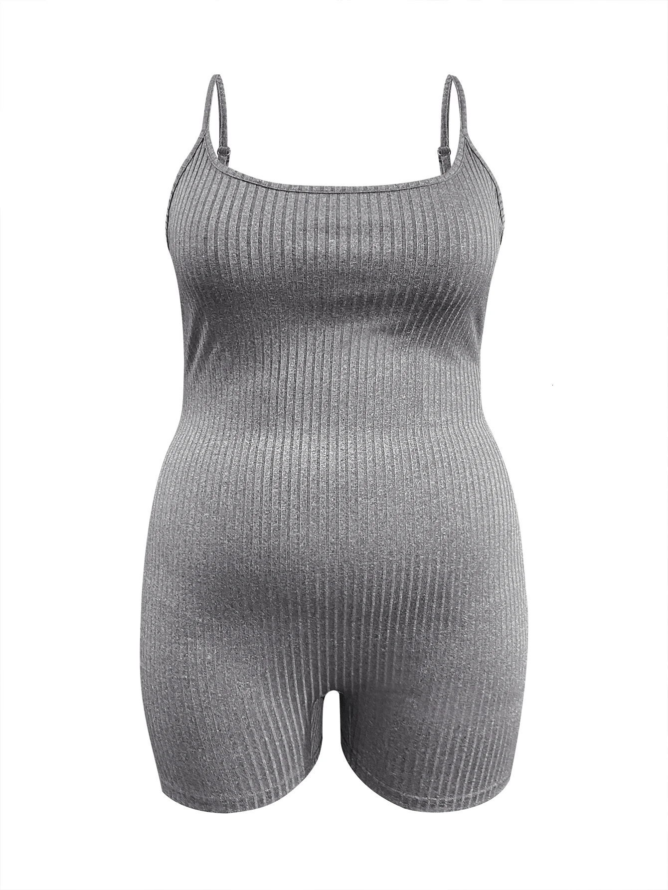 LW BASICS Plus Size Rib Knit Cami Romper Women Summer Suit Casual U Neck Sleeveless Solid Color One Piece Outfit Short Jumpsuits 250515