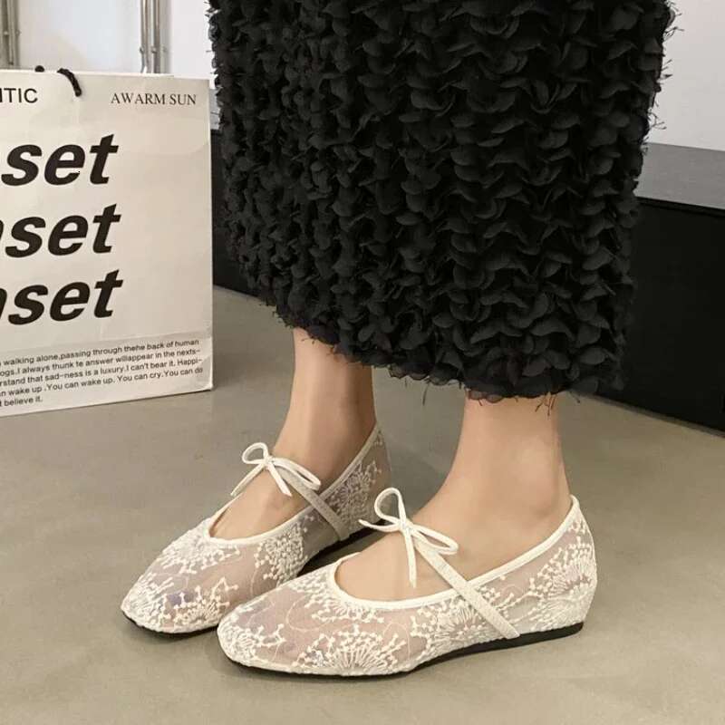 2025New Summer Ballet Flats Fashion Bow Women Slip on Sweet Hollow Flat Shoes Female