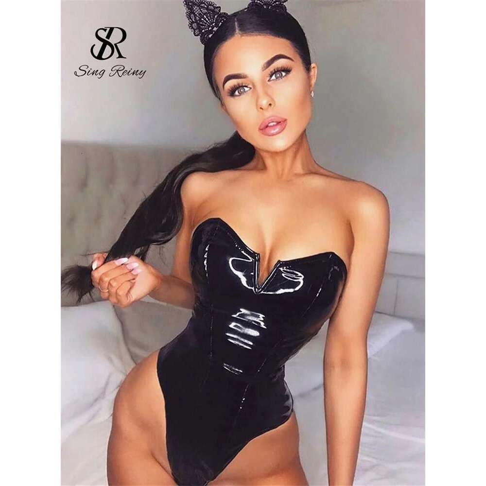 SINGREINY Strapless PU Leather Sexy Bodysuits Ladies Zipper Design Bodycon Top Fashion Streetwear Open Crotch Sensual Playsuits