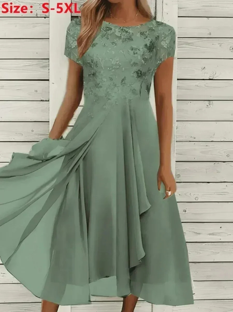 2025 Womens Lace Dress for Party Elegant Bride Wedding Dress Plus Size Jewel Neck Knee Length Chiffon Lace Long Party Dress 250514