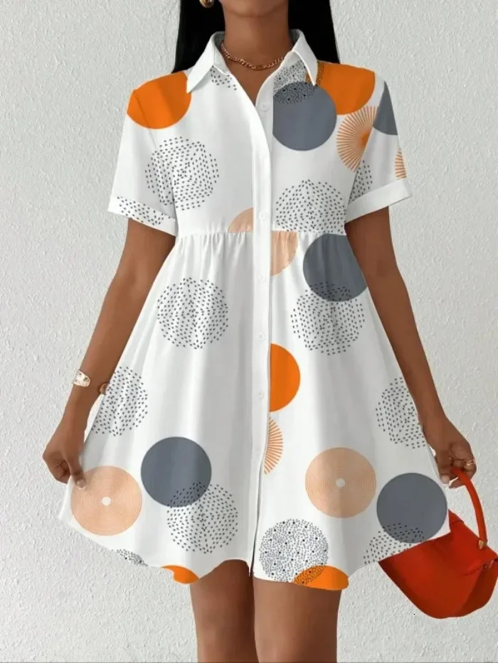 Plus Size 1XL-5XL Womens Summer Cute Fashion Elegant Geometric Print Dress Button-Up with Lapel Collar Short Sleeves Dresses 250509
