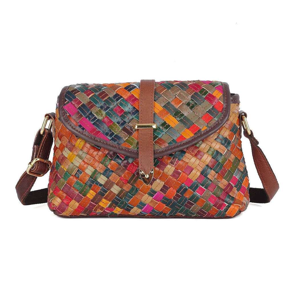 Genuine leather handmade woven colorful striped color matching small casual ethnic style shoulder bag for women