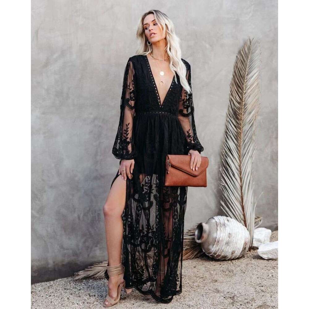 2023 Spring/Summer Women's Lace V-neck Solid Chiffon Summer Dress