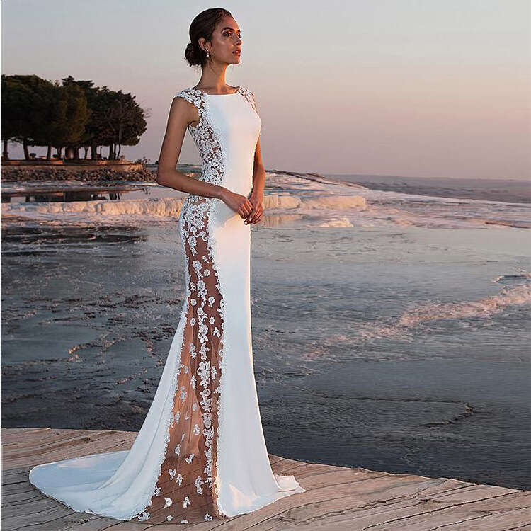 White Dress Maxi Dress Evening Lace Patchwork Extra Long Dress For Vacation Sexy Hollow Out Women KQ