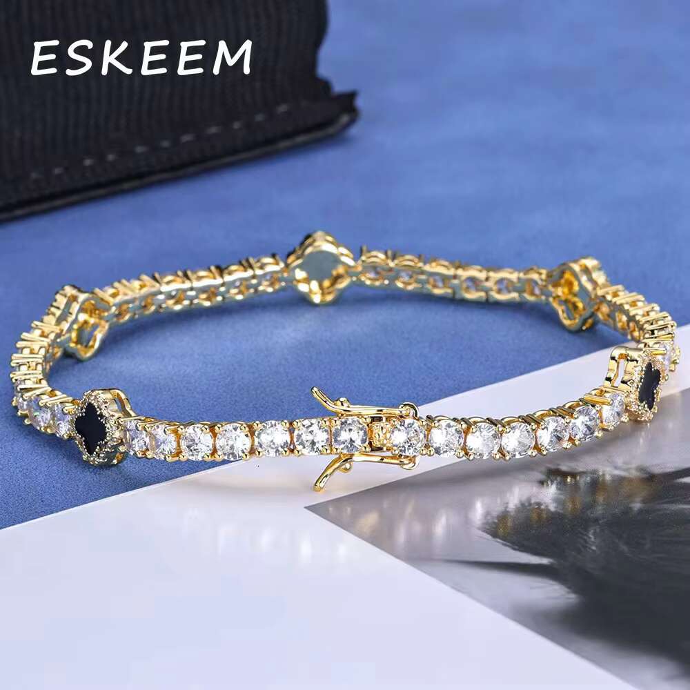 New Design Sterling Sier Hip Hop VVS Moissanite 4mm Clover Tennis Chain Gold Plated Fashion Bracelet