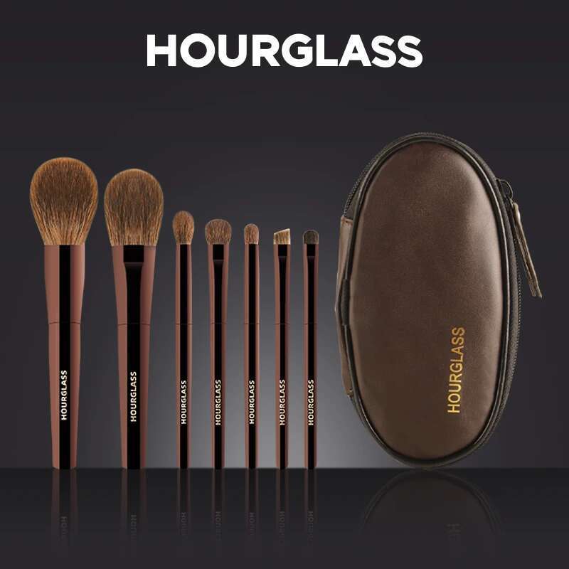 Hourglass Makeup Set Mini Portable 7 Pcs, High Quality Soft Animal Hair Include Eyeshadow,Blush,Powder Brush