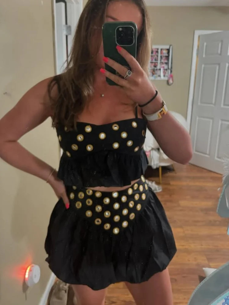 Sexy Sequin Top Skirt Party Set Women Strap Ruffle Solid Slash Neck Crop Tops Mini High Waist Bud Skirts Fashion Summer 250515