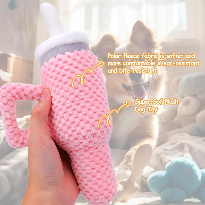 Squeaky Dog Toys Cute Pink Water Cup with Handle,Upgrade Interactive Dog Chew Toys, Funny Boy Girl Dog Stuff Toy, Plush No Mess Chew and Play E71