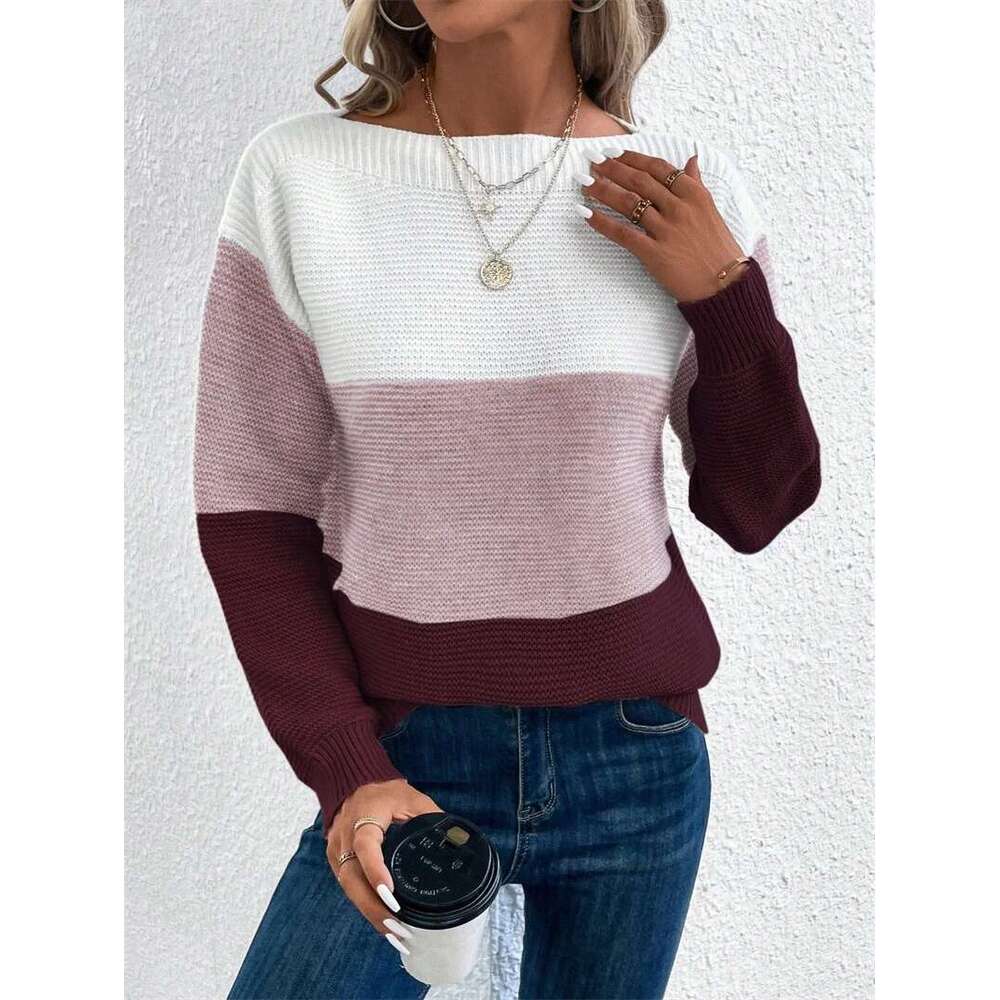 Elegant Three-Color Patchwork Sweater Women Daily Commuter Casual Loose Jumpers Female Autumn Winter Knitted Thickened Warm Tops Designer