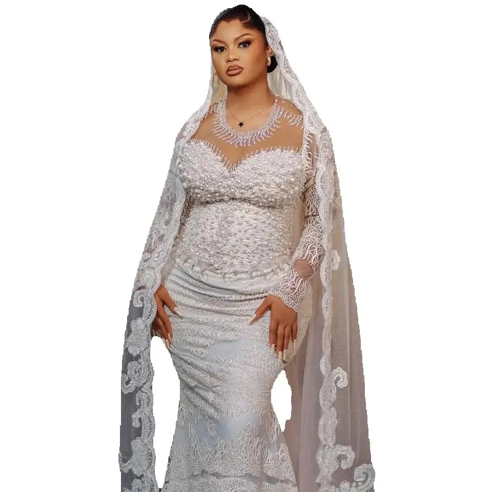 Vintage O Neck Mermaid Wedding Dress Luxury Long Sleeve Lace Bridal Dress Beads Pearls Floor Length Customized vestidos de novia