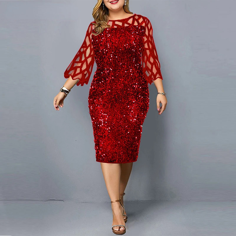 Elegant Sequin Plus Size 4XL 5XL Women Midi Dress Sexy Casual Evening Party Dresses Gown Wedding Robe Rouge Vestidos 250514