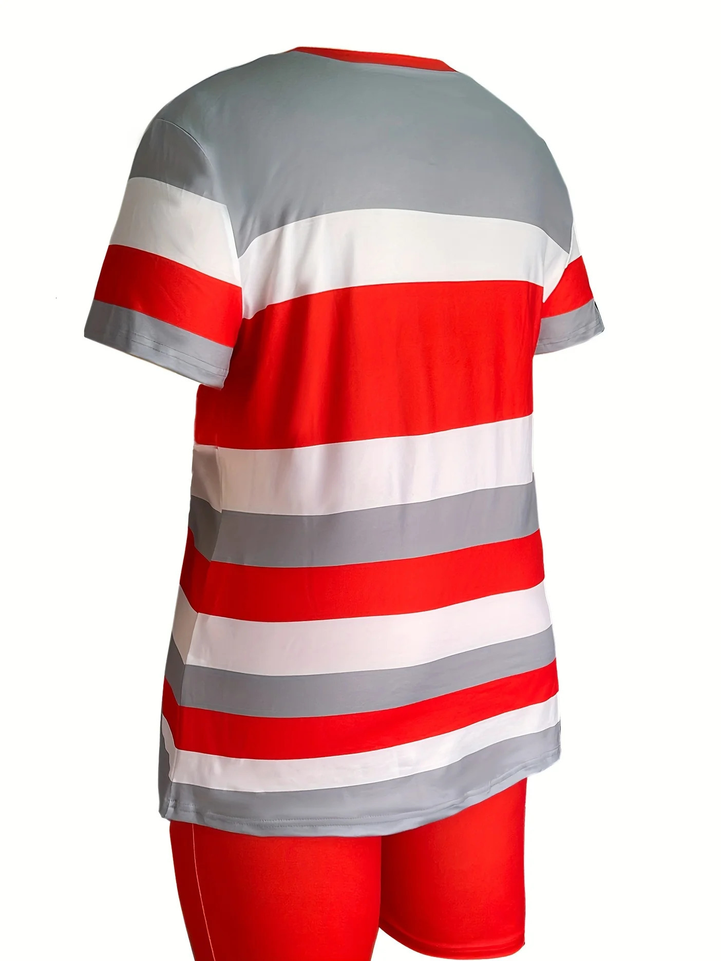 Trendy Plus Size Womens Two Piece Set Striped Short Sleeve Top and High Waist Shorts Casual Outfit 250514