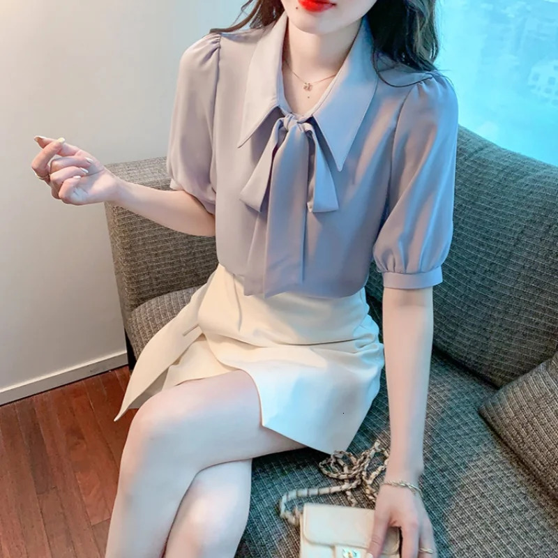 Spring Summer Elagant Chiffon Womens Bow Blouse Short Sleeve Turndown Collar Korean Casual Loose Office Shirts Female 250515