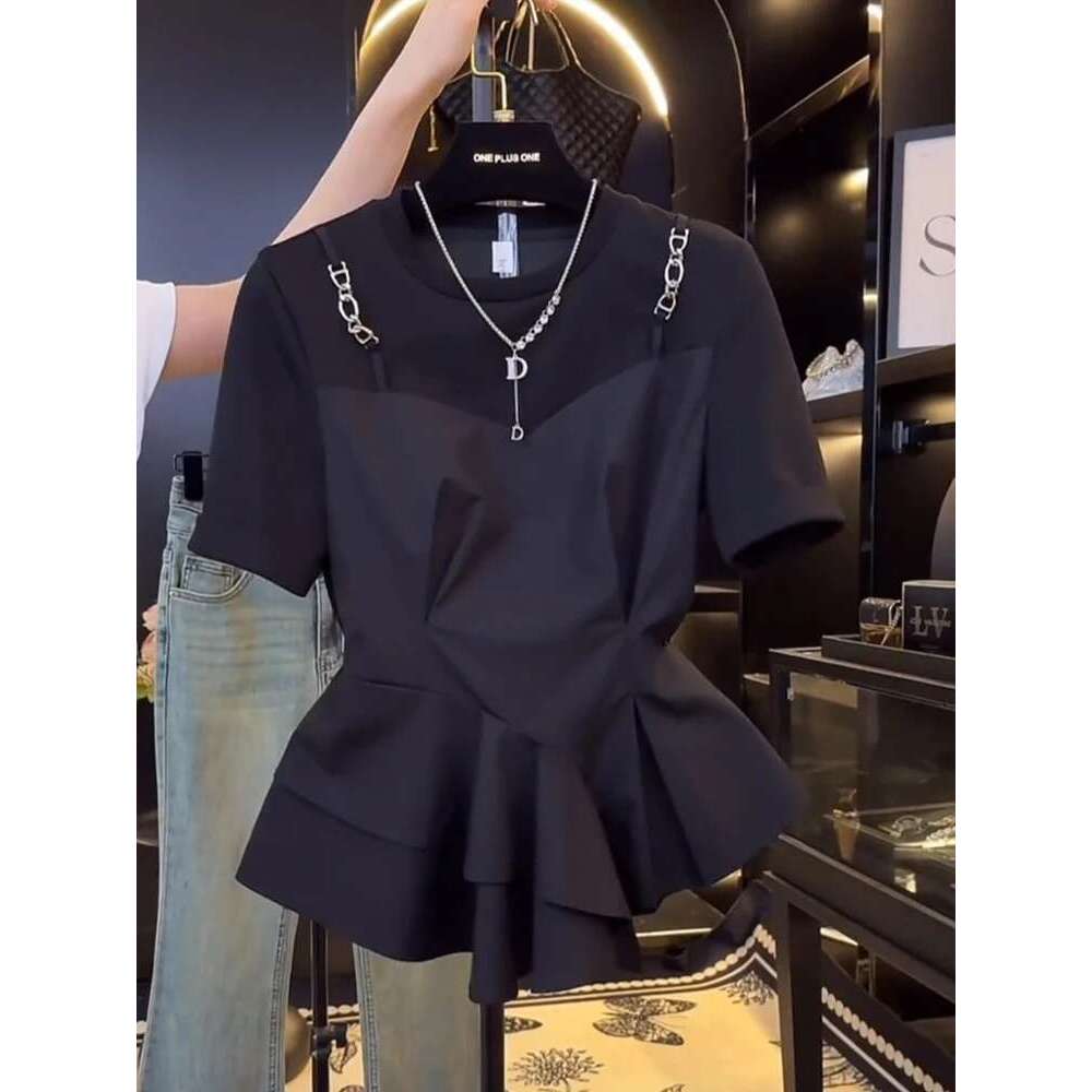 Black blouse female summer new irregular design slim fake two-piece short-sleeved T-shirt ruffled ing
