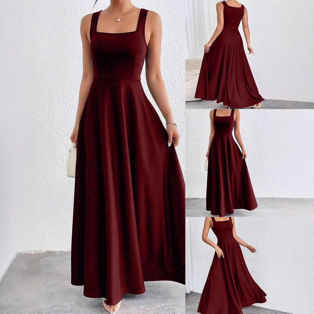 White Dress Maxi Dress Ladies' Summer New Square Neck Sleeveless Top Solid Color Ultra Long Jumpsuit With Loose Waist, Elegant In All Seasons KQ