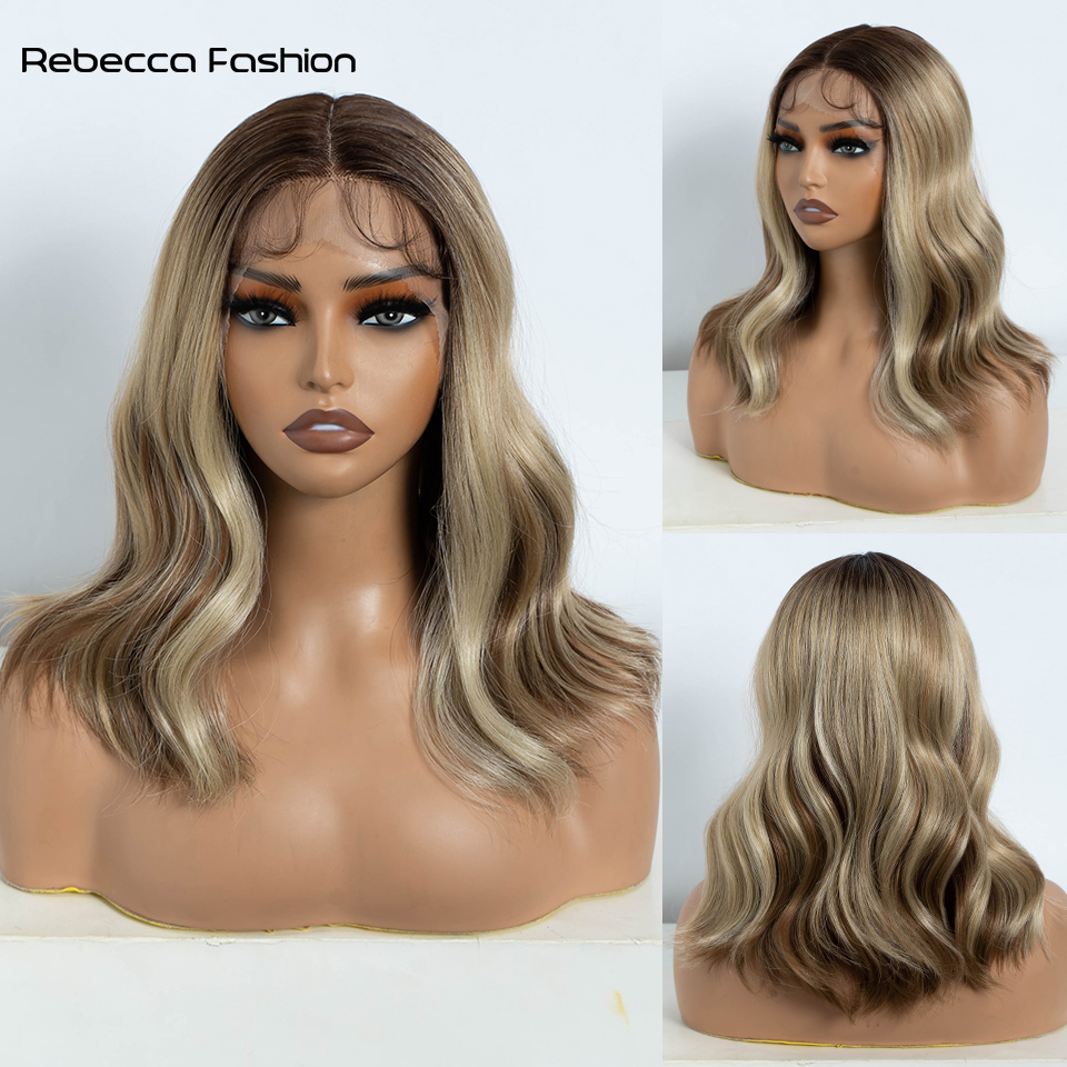 Rebecca Fashion Lace Front Layered Cut Straight 14 Inch Wigs For Women Ombre Blonde Cosplay Synthetic Lace Wig