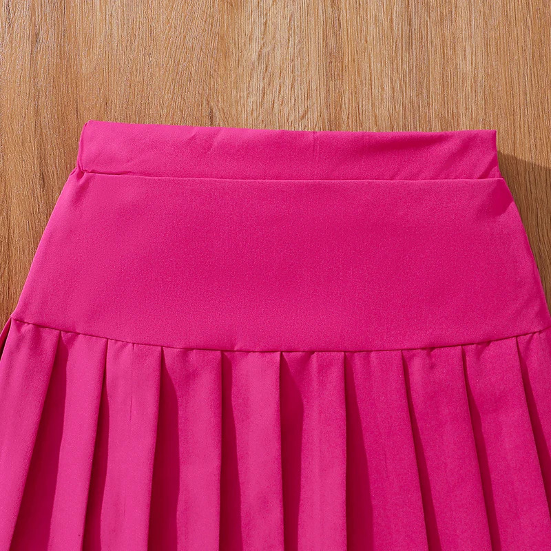 Childrens Fashion Clothes Sets For Kids Girl Black Smiley T-shirt And Rose Red Pleated Skirt High Quality Korean Style 250515