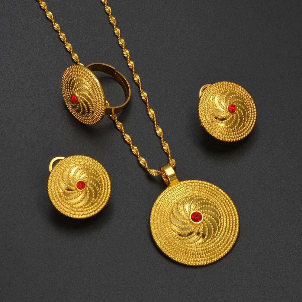 Anniyo Ethiopian Culture Pendant Necklace Earrings Ring Women Sier/Gold Color Eritrea African Engaged Jewelry #161316