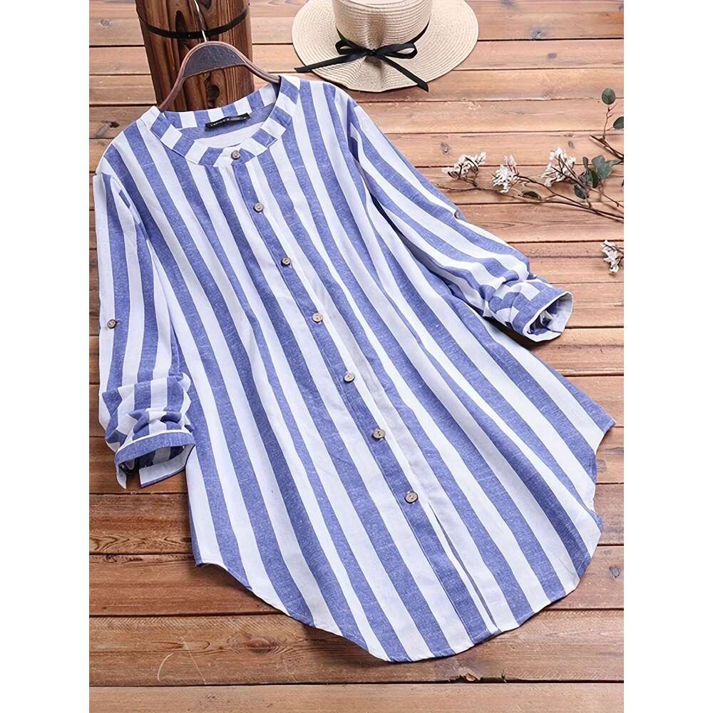 2024 Plus Size Women's Fashion Striped Long Sleeve Shirt Spring Autumn Cotton Linen Blouse