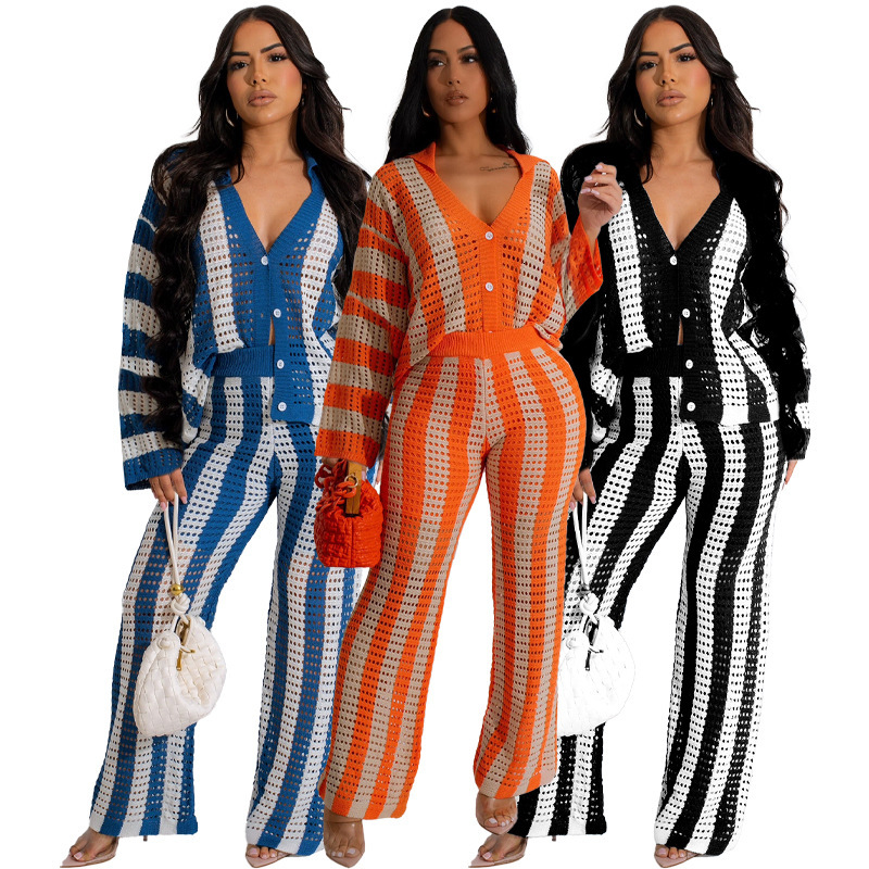 HR24040 womens autumn and winter new sexy hollow sweater knitted two-piece set