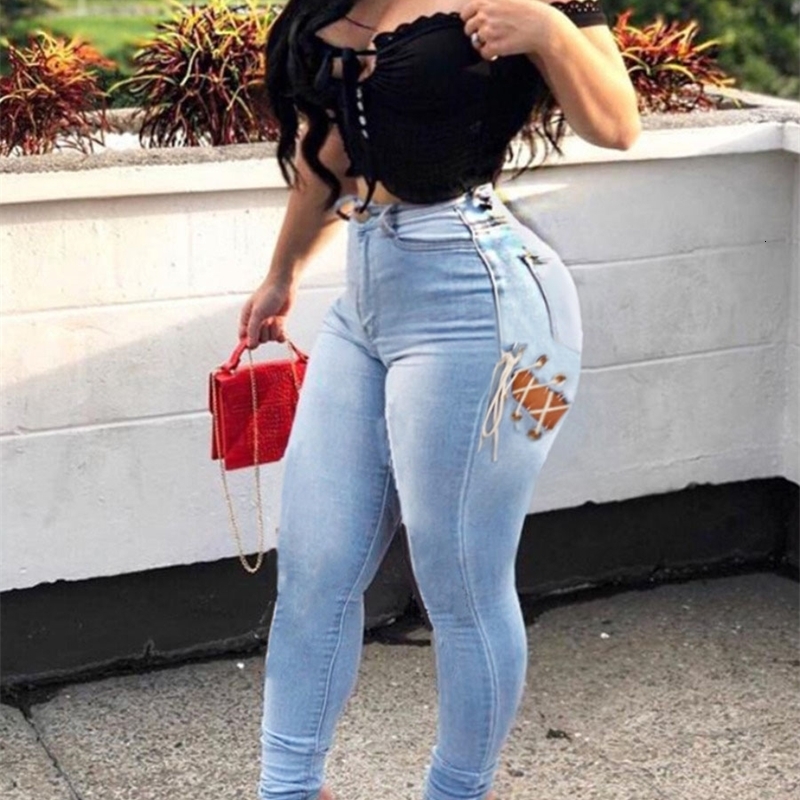 LW Plus size casual street womens autumn and winter high elasticity solid bandage hollow zipper flying tight n jeans w250506