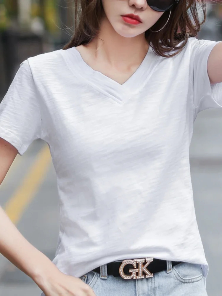 2025 Womens Summer Top Basic Cotton Tshirt Casual Dress Vneck Short sleeved 250506