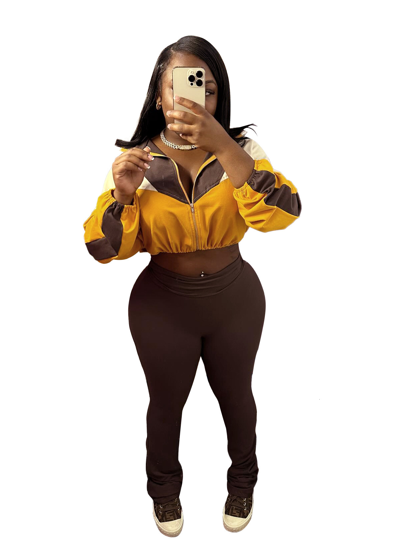 HR24060 Sports and casual womens two-piece set with color blocking exposed navel high waist and micro horn