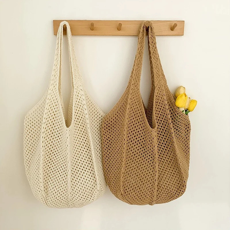 Women Crochet Tote Bag Mesh Beach Bag Large Capacity Fashion Knitted Shoulder Bag Solid Color Simple Shopping Bag for Travel 250515